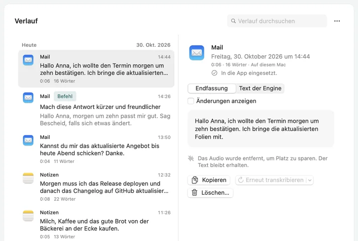 Soffio-Verlauf: Diktate nach App und Uhrzeit, das neueste rechts geöffnet.