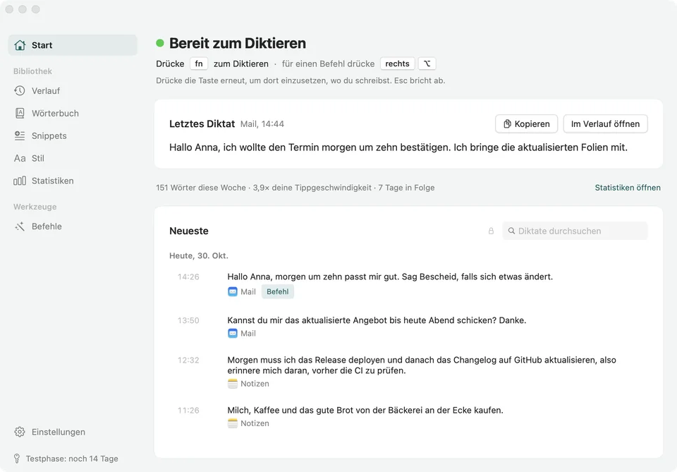 Das Soffio-Fenster auf Start: Bereit zum Diktieren, das letzte Diktat in Mail und eine Liste der letzten Diktate.