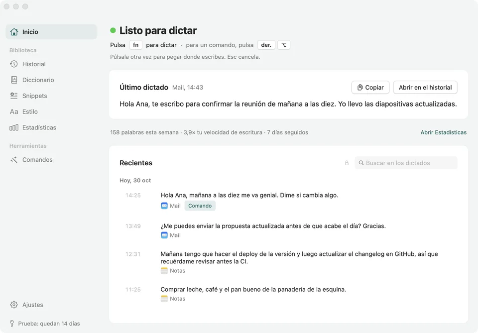 La ventana de Soffio en Inicio: Listo para dictar, el último dictado en Mail y una lista de dictados recientes.