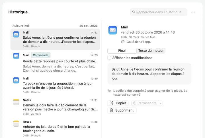 Historique de Soffio : les dictées classées par app et par heure, la plus récente ouverte à droite.