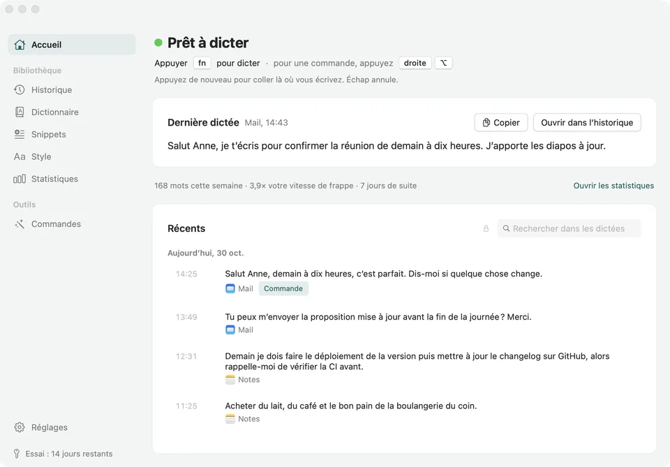 La fenêtre de Soffio sur Accueil : Prêt à dicter, la dernière dictée dans Mail et une liste de dictées récentes.