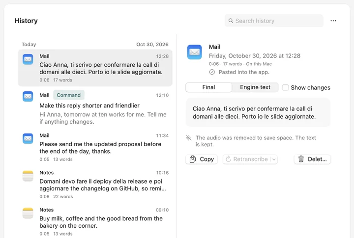 Soffio History: dictations listed by app and time, with the newest one open on the right.