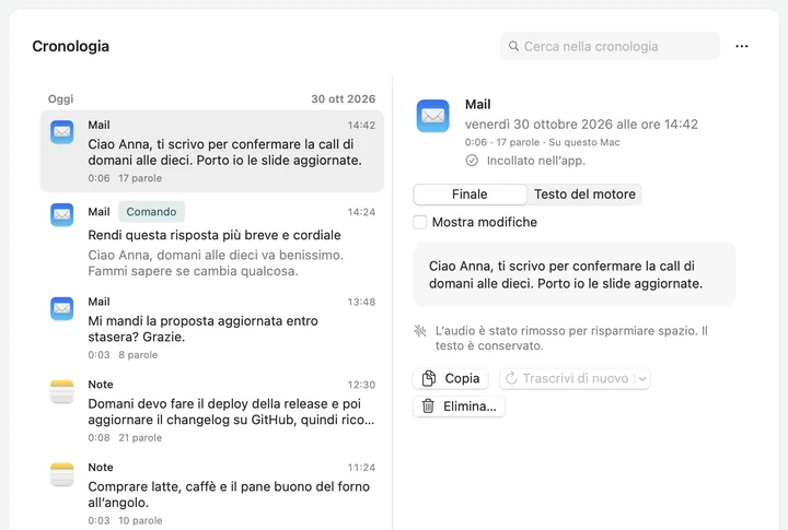 Cronologia di Soffio: dettature elencate per app e ora, con la più recente aperta a destra.