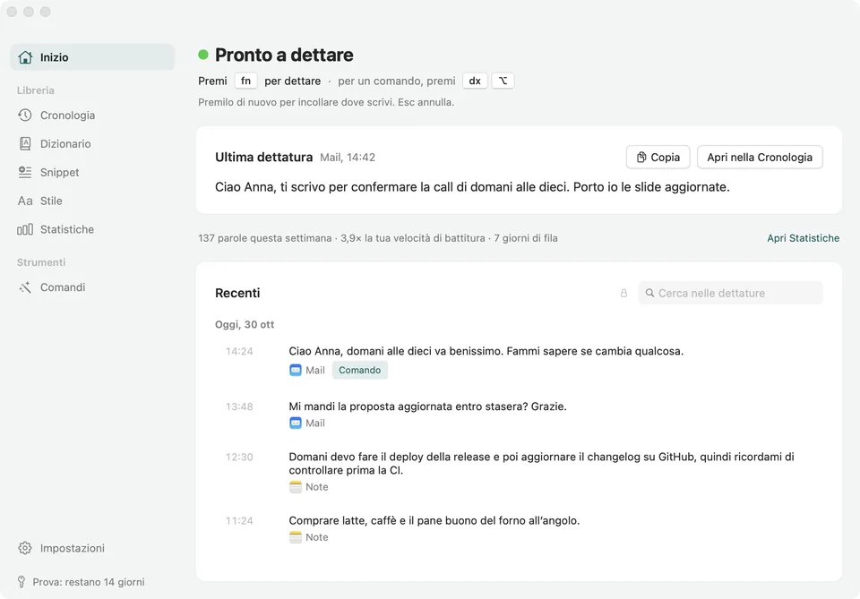 La finestra di Soffio su Inizio: Pronto a dettare, l’ultima dettatura in Mail e un elenco di dettature recenti.