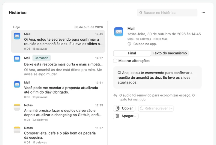 Histórico do Soffio: ditados listados por app e horário, com o mais recente aberto à direita.