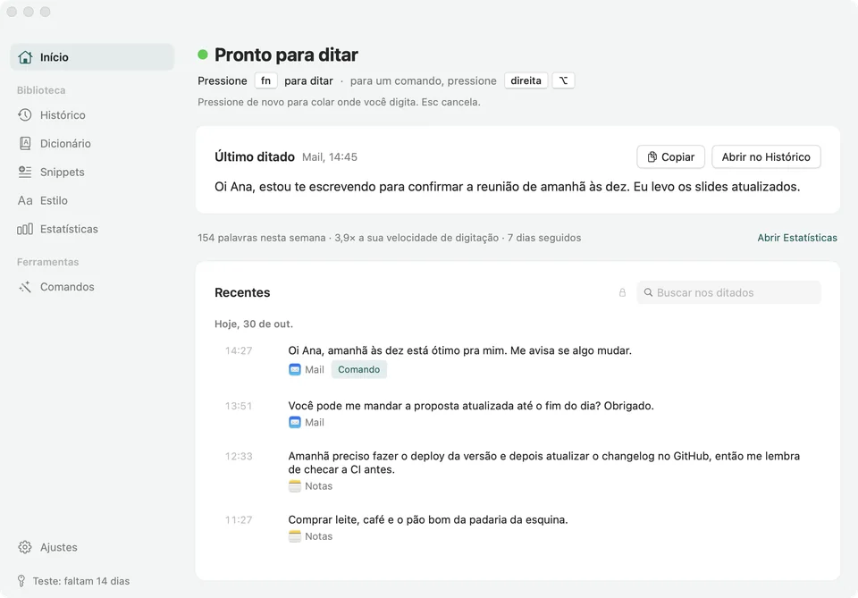 A janela do Soffio em Início: Pronto para ditar, o último ditado no Mail e uma lista de ditados recentes.