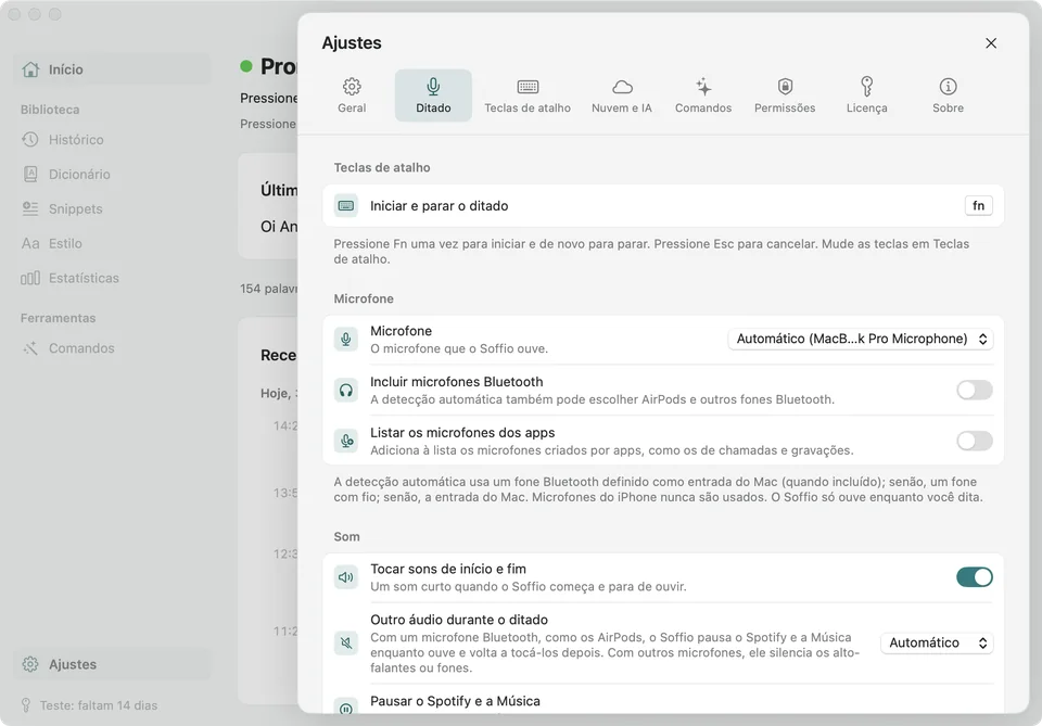 Os Ajustes do Soffio abertos em Ditado: o atalho, o microfone e as opções de som.