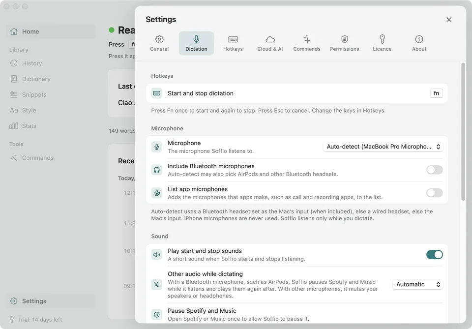 Soffio Settings open on Dictation: the hotkey, the microphone and the sound options.